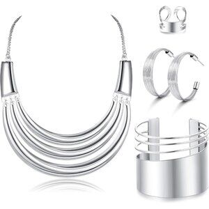 Elegant Silver Choker Necklace & Jewelry Set with Adjustable Ring & Earrings